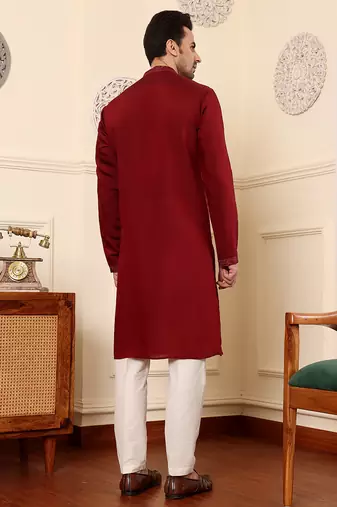 dark red straight viscose silk embroidered kurta