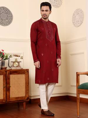 dark red straight viscose silk embroidered kurta 4