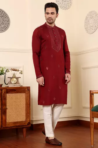 dark red straight viscose silk embroidered kurta