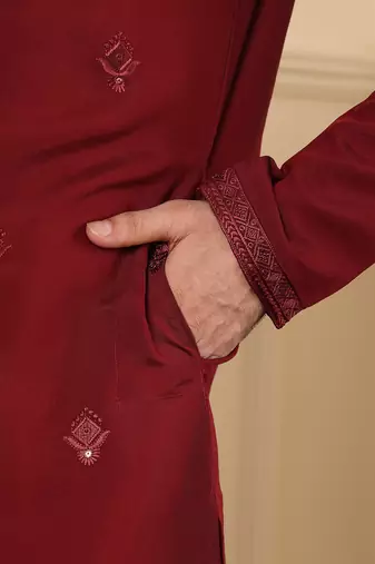 dark red straight viscose silk embroidered kurta