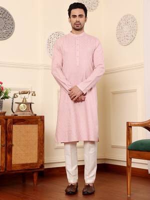 pink straight viscose silk embroidered kurta 1