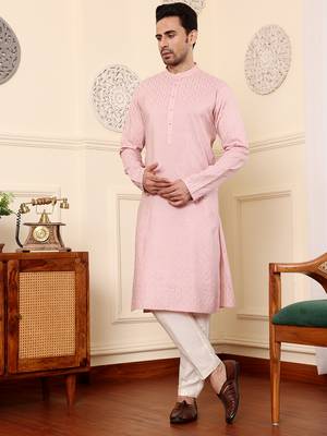 pink straight viscose silk embroidered kurta 2