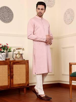 pink straight viscose silk embroidered kurta 5