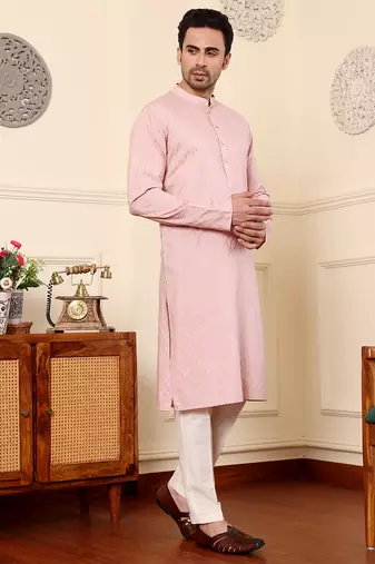 pink straight viscose silk embroidered kurta