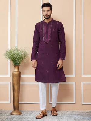 purple straight viscose silk embroidered kurta 1