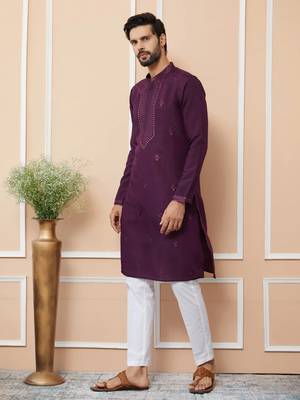 purple straight viscose silk embroidered kurta 2