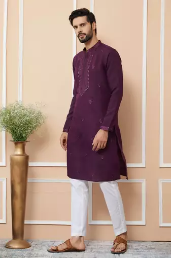 purple straight viscose silk embroidered kurta