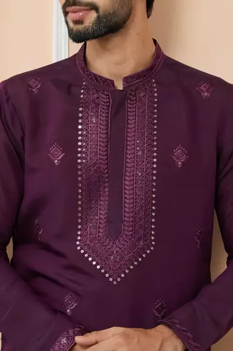 purple straight viscose silk embroidered kurta