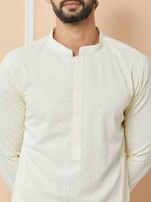 Cream rayon silk straight chikankari kurta 4