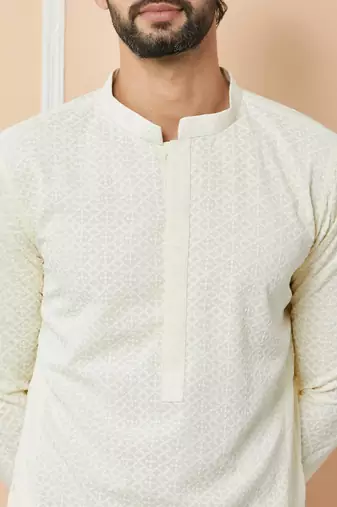 Cream rayon silk straight chikankari kurta