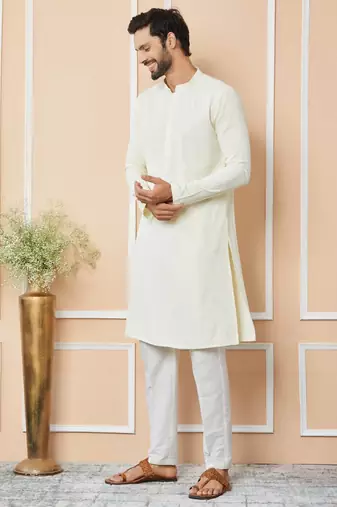 Cream rayon silk straight chikankari kurta
