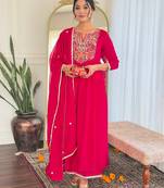 Women's Red Thread work Vichitra Silk Fabric Straight Kurta, Pant and Dupatta Set