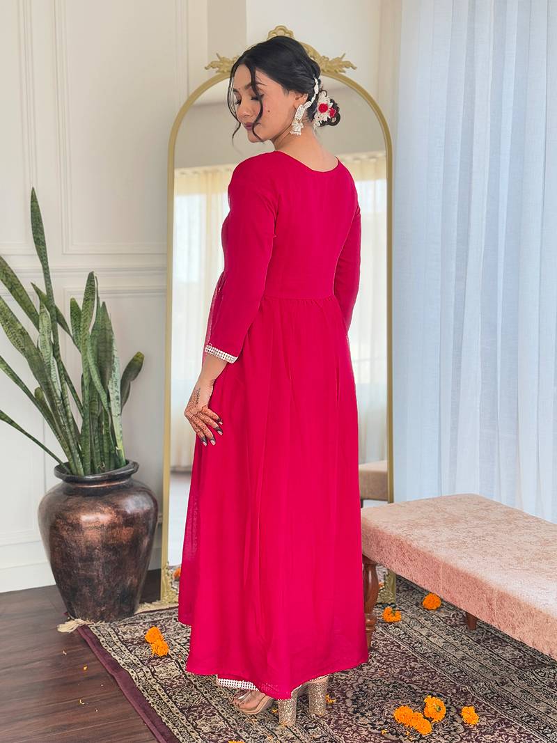 Women's Red Thread work Vichitra Silk Fabric Straight Kurta, Pant and Dupatta Set