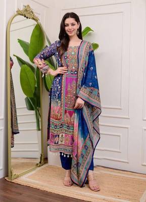 Blue Kurti With Printed Mirror Work With Pant And Dupatta Set 1