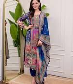 Blue Kurti With Printed Mirror Work With Pant And Dupatta Set