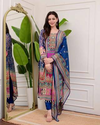 Blue Kurti With Printed Mirror Work With Pant And Dupatta Set 2