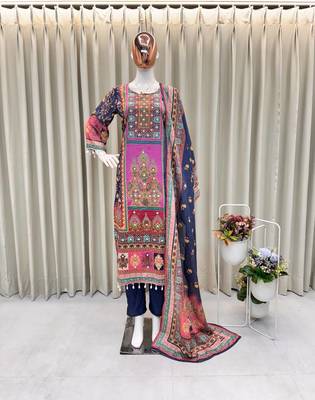 Blue Kurti With Printed Mirror Work With Pant And Dupatta Set 3