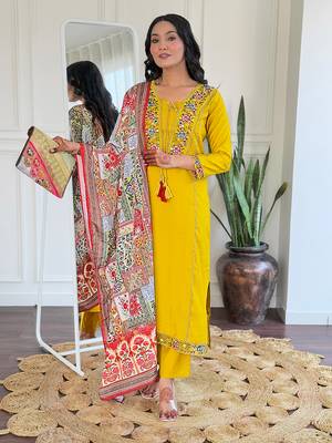 Beautiful Women's Thread work Viscose Straight Kurta Pant and Dupatta Set 1