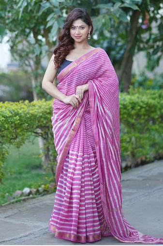 Pink maheshwari silk blend saree with stripes