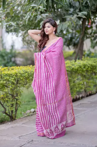 Pink maheshwari silk blend saree with stripes