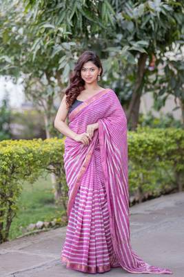 Pink maheshwari silk blend saree with stripes 4