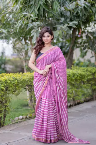 Pink maheshwari silk blend saree with stripes