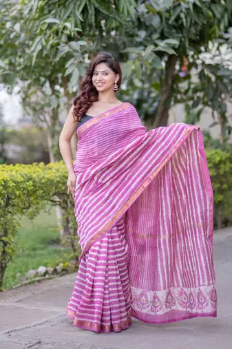Pink maheshwari silk blend saree with stripes