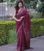 Maroon floral print maheshwari silk blend saree