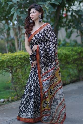 Black maheshwari silk blend saree with red border and yellow pallu