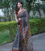 Black maheshwari silk blend saree with red border and yellow pallu