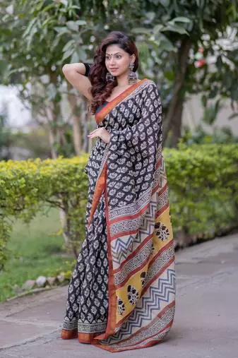 Black maheshwari silk blend saree with red border and yellow pallu