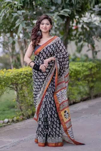 Black maheshwari silk blend saree with red border and yellow pallu