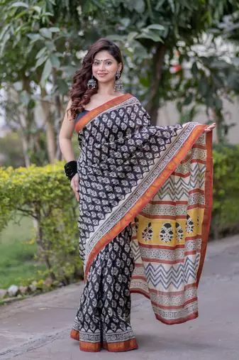 Black maheshwari silk blend saree with red border and yellow pallu