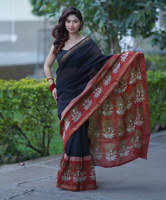 Black maheshwari silk blend saree with red border and pallu 1