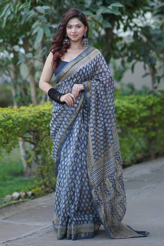 Navy blue maheshwari silk blend saree with off white edge and golden border