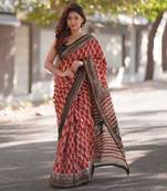 Red maheshwari silk blend saree with leaf buti and black pallu