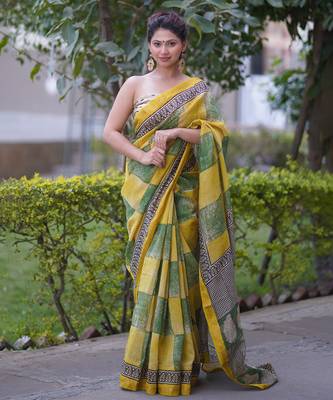 Yellow and green checks maheshwari silk blend saree 1