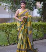 Yellow and green checks maheshwari silk blend saree