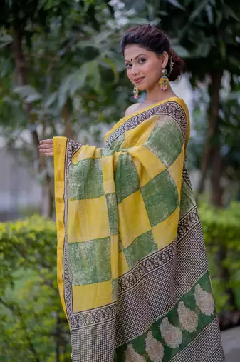 Yellow and green checks maheshwari silk blend saree