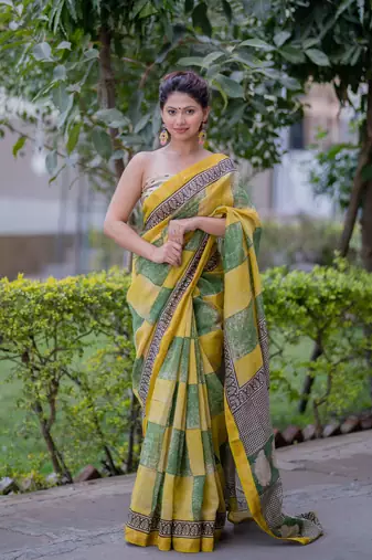 Yellow and green checks maheshwari silk blend saree