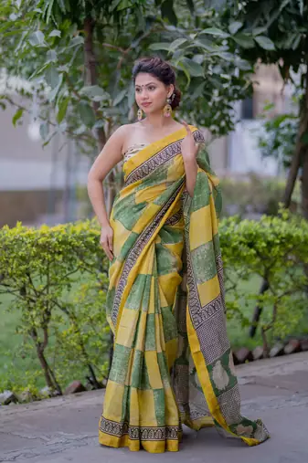 Yellow and green checks maheshwari silk blend saree