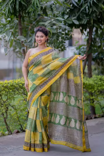 Yellow and green checks maheshwari silk blend saree