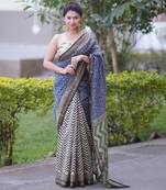 Off white zig zag maheshwari silk blend saree with blue pallu