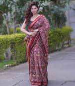Red maheshwari silk blend floral saree with white pallu