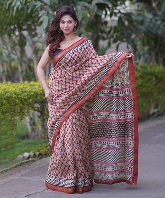 Red maheshwari silk blend saree with cream butis and red border 1