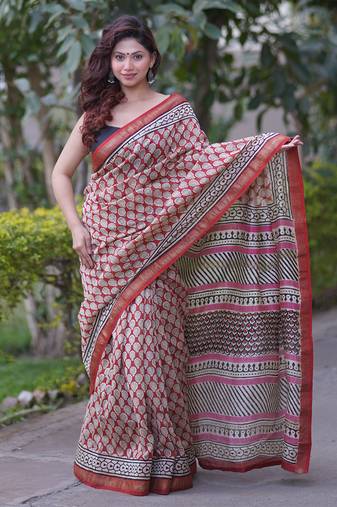 Red maheshwari silk blend saree with cream butis and red border