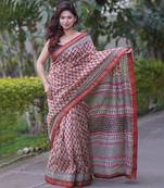 Red maheshwari silk blend saree with cream butis and red border