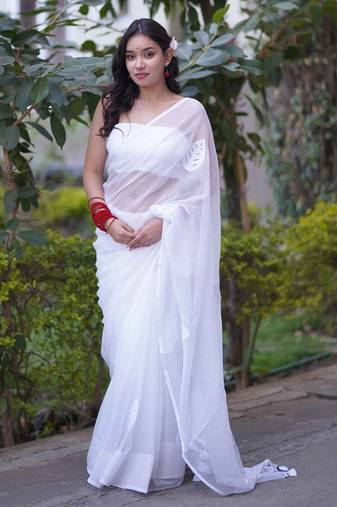 White kota doria saree with white applique work