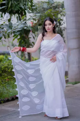 White kota doria saree with white applique work