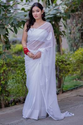 White kota doria saree with white applique work 3